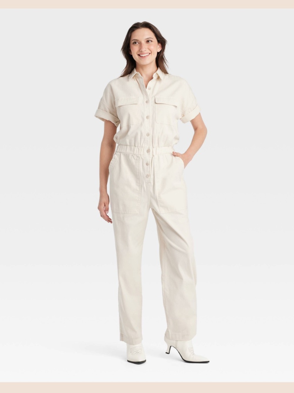 Universal Thread Cream Short-Sleeve Utility Jumpsuit